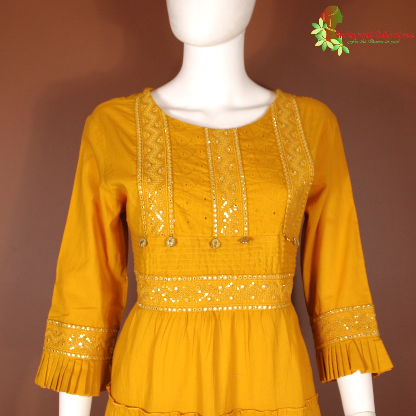 Maharani's Long Dress - Pure Cotton - Mustard Yellow (S)