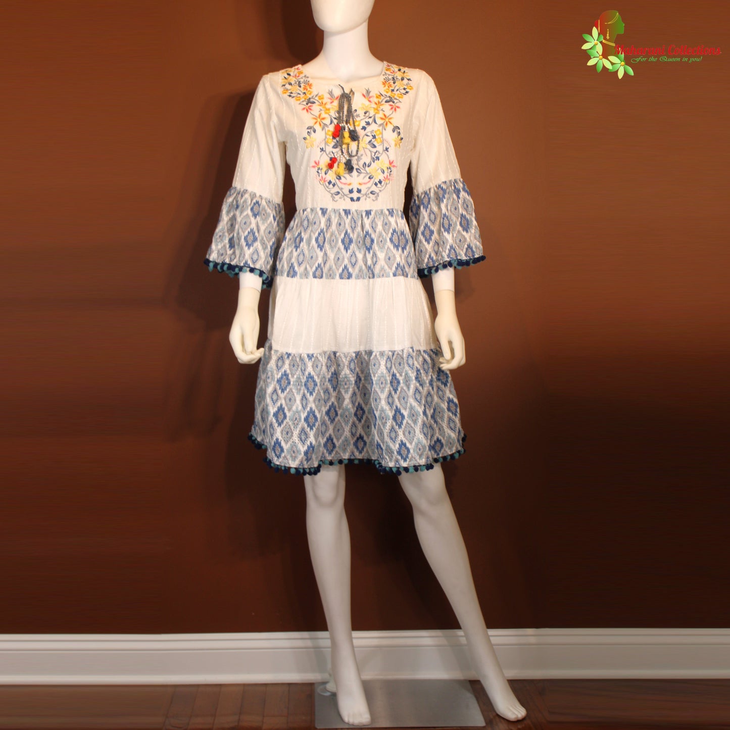 Maharani's Short Dress - Pure Cotton - White and Blue (S)