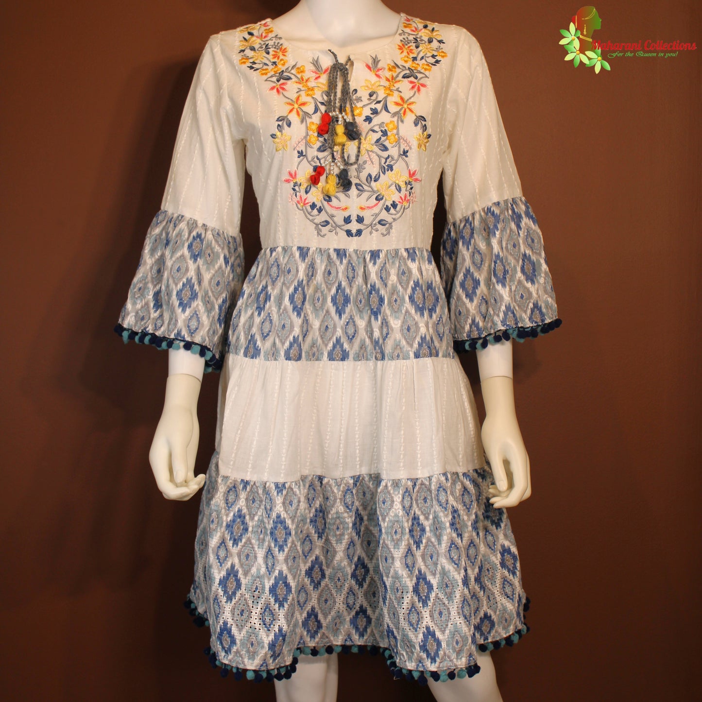 Maharani's Short Dress - Pure Cotton - White and Blue (S)