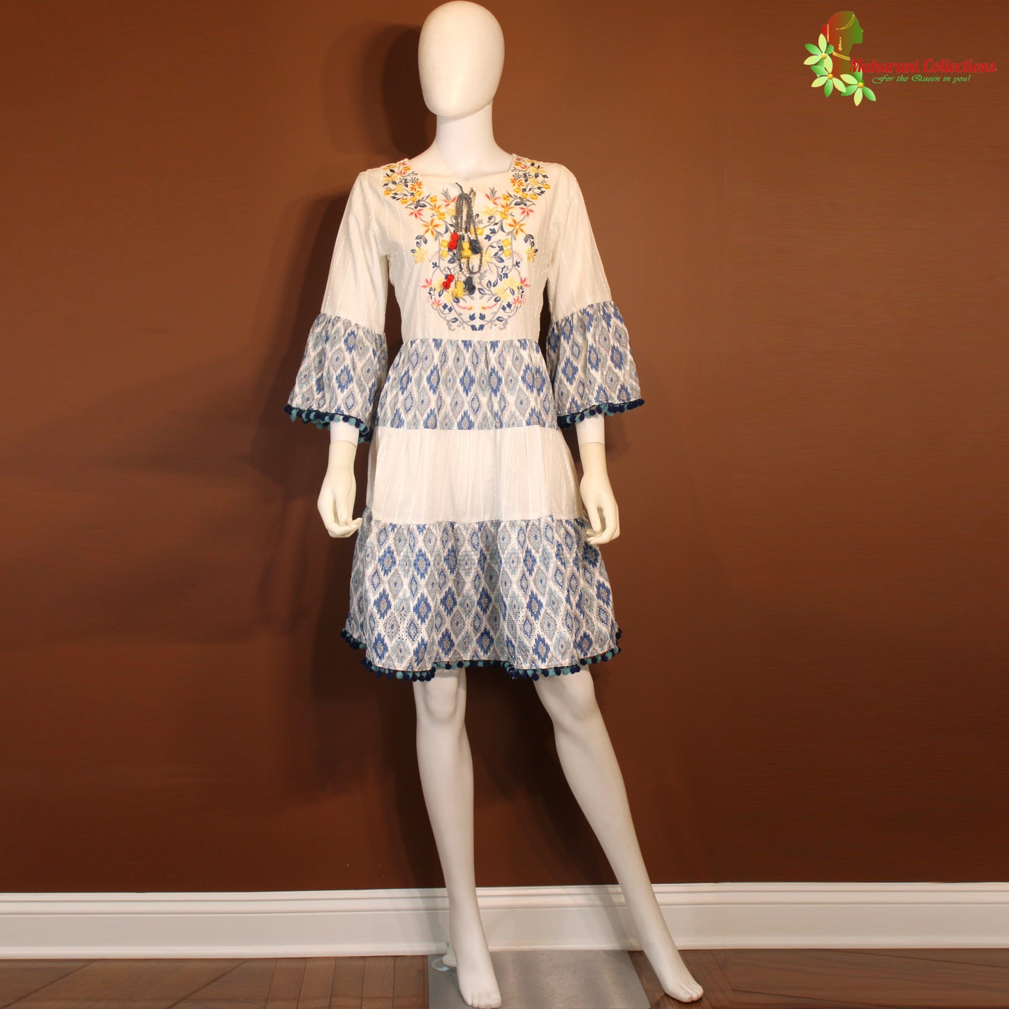 Maharani's Short Dress - Pure Cotton - White and Blue (S)