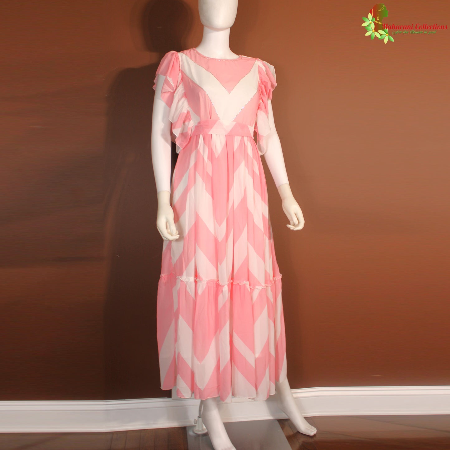 Maharani's Long Dress - Georgette - Pink and White (S, M, L, XL)