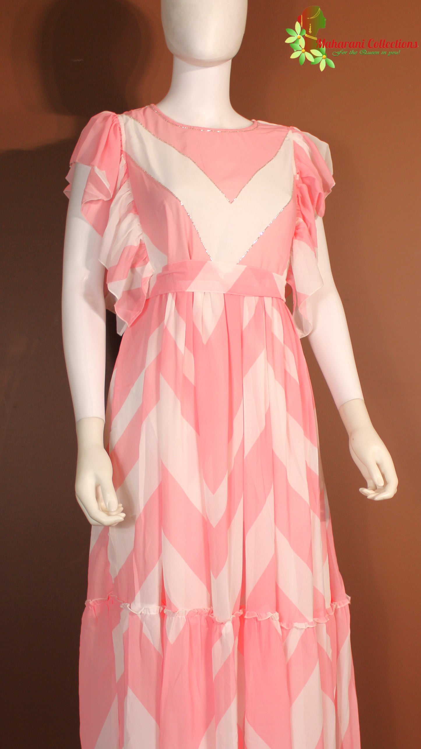 Maharani's Long Dress - Georgette - Pink and White (S, M, L, XL)