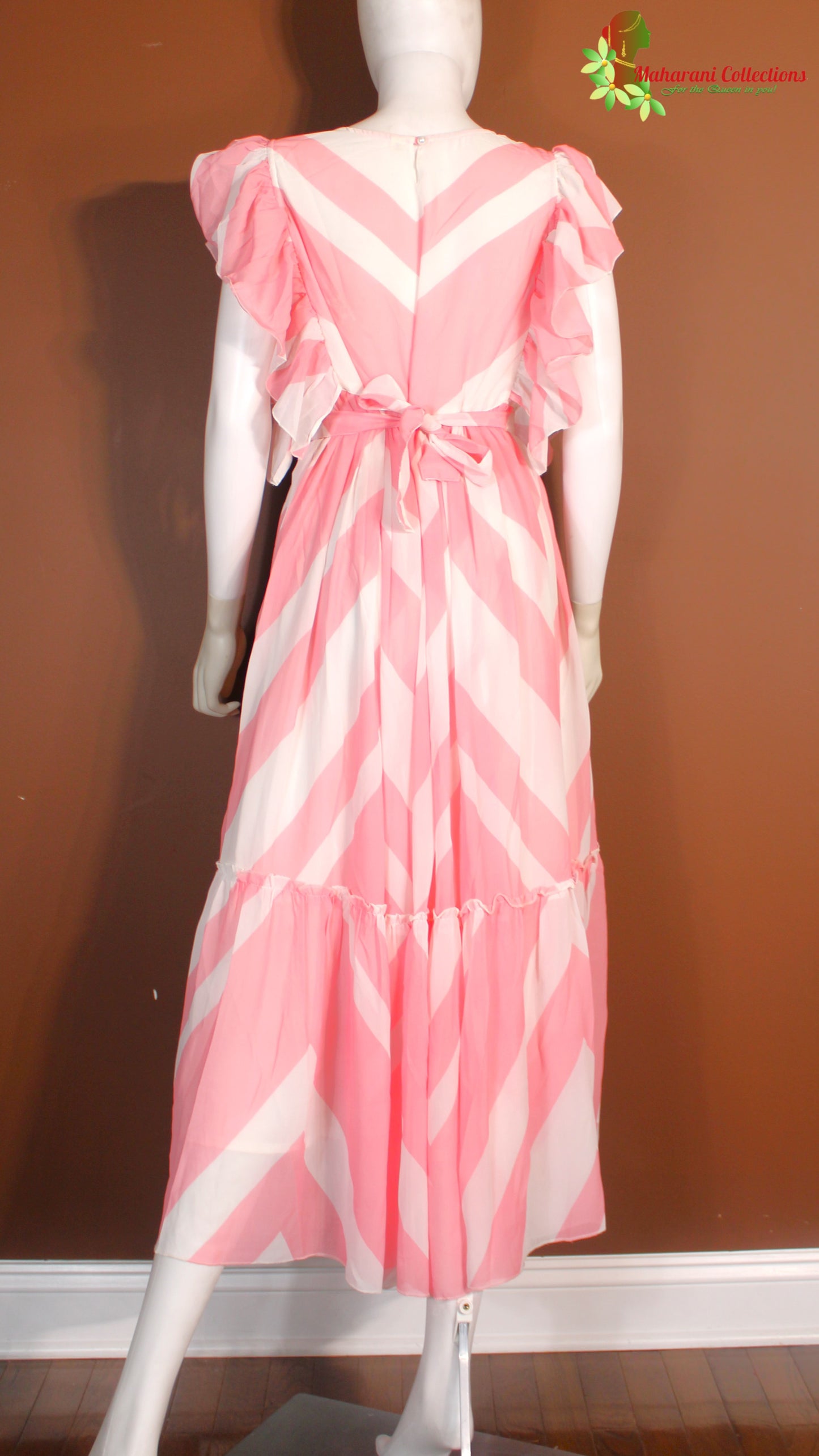 Maharani's Long Dress - Georgette - Pink and White (S, M, L, XL)