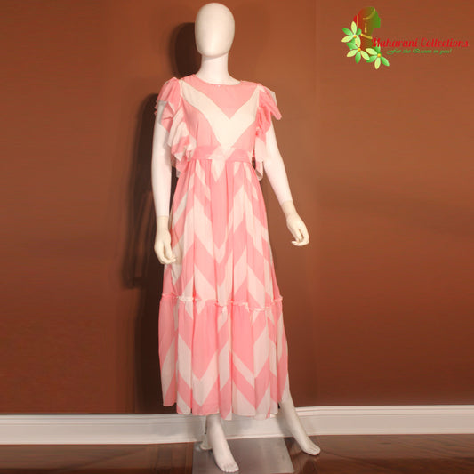 Maharani's Long Dress - Georgette - Pink and White (S, M, L, XL)