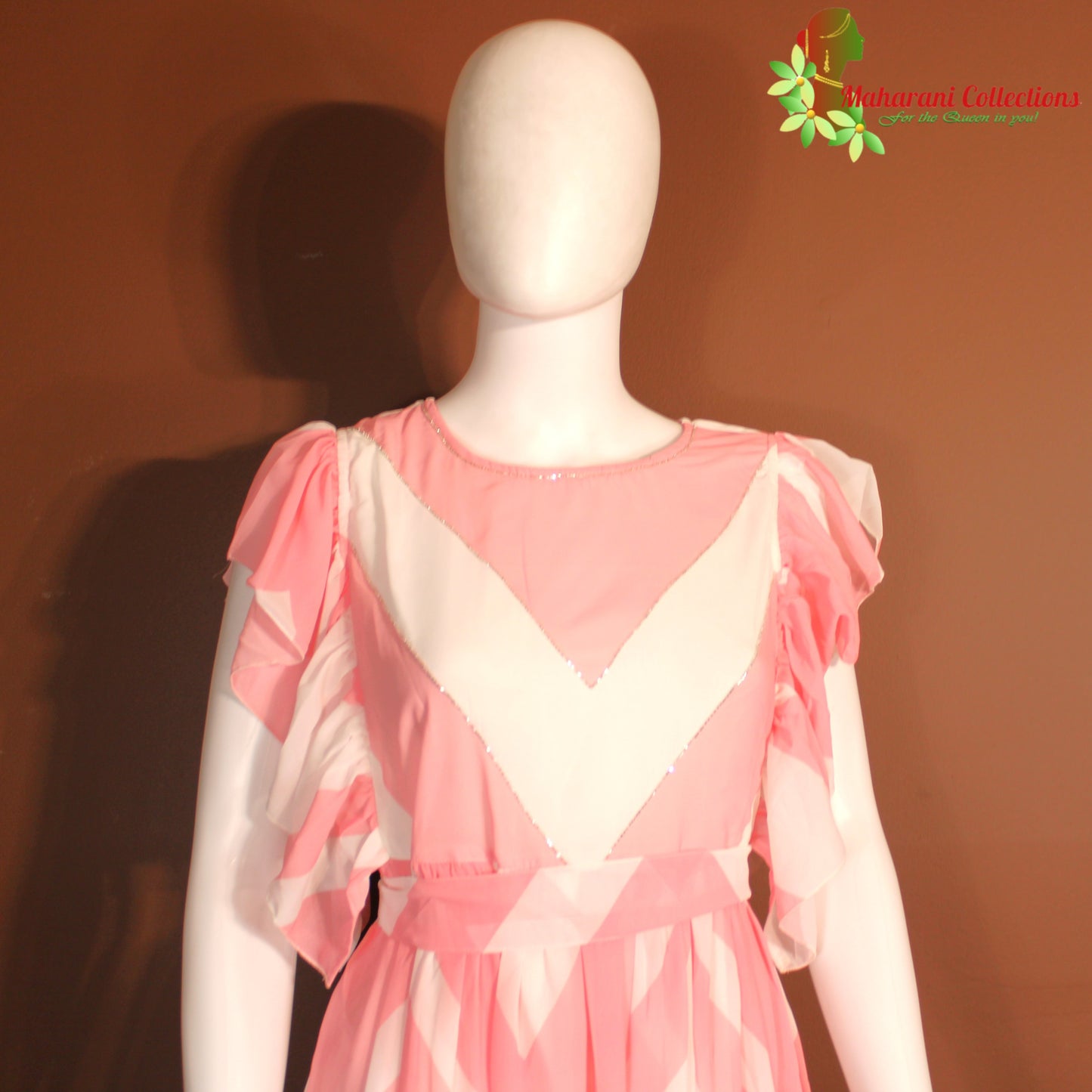 Maharani's Long Dress - Georgette - Pink and White (S, M, L, XL)