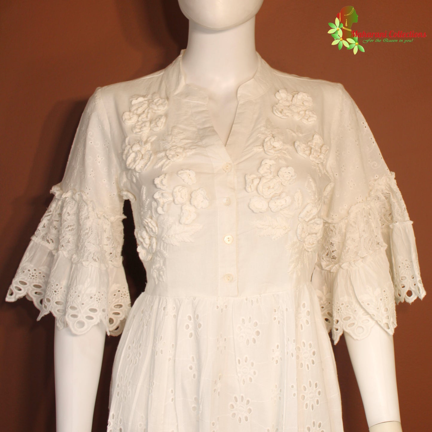 Maharani's Short Dress - Pure Cotton - White (S)