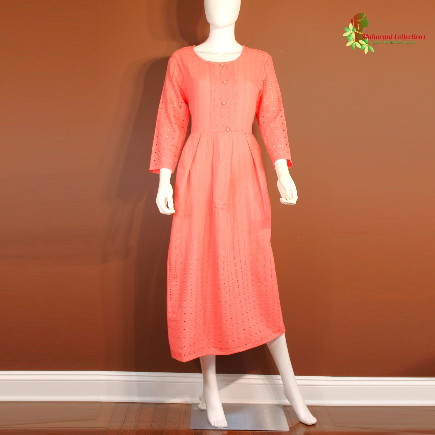 Maharani's Long Dress - Pure Cotton - Peach (S)
