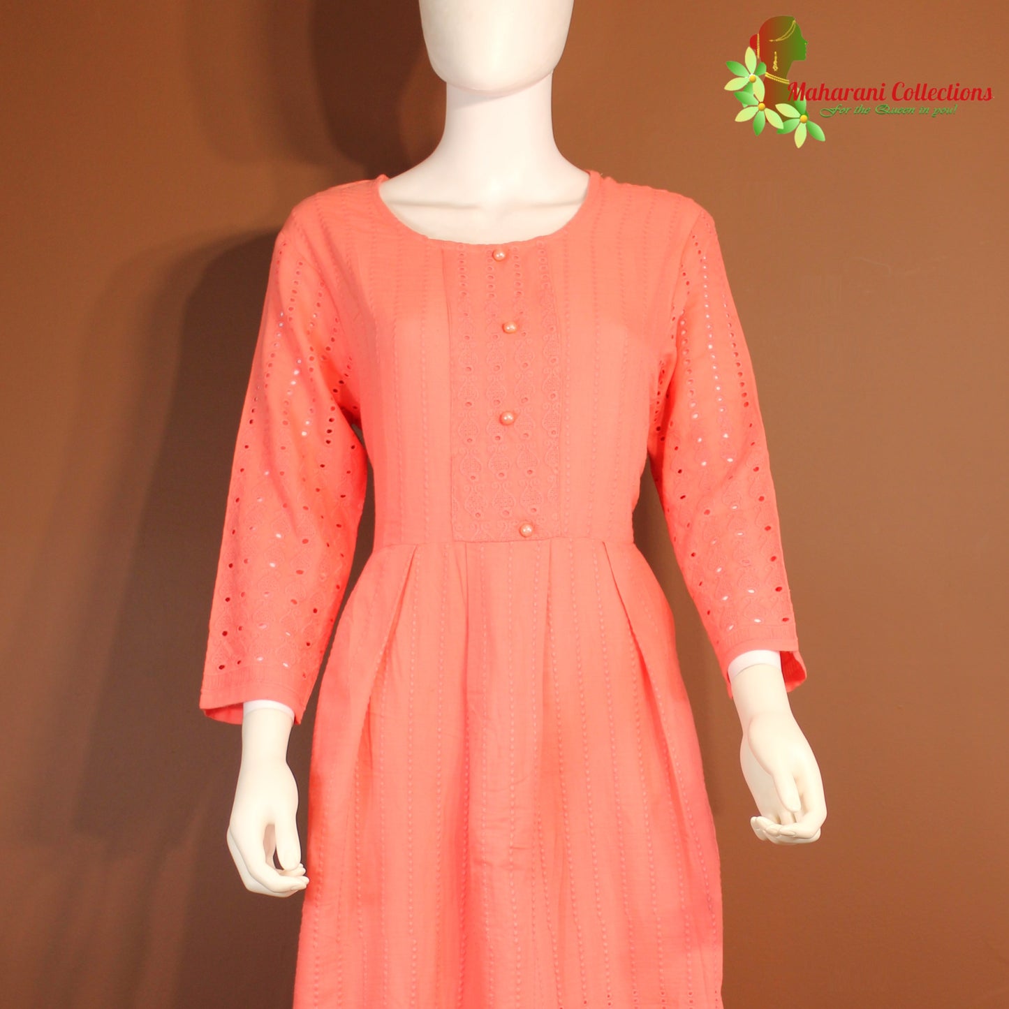 Maharani's Long Dress - Pure Cotton - Peach (L)