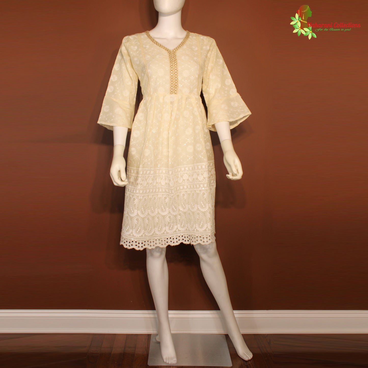Maharani's Short Dress - Pure Cotton - Cream and White (S)