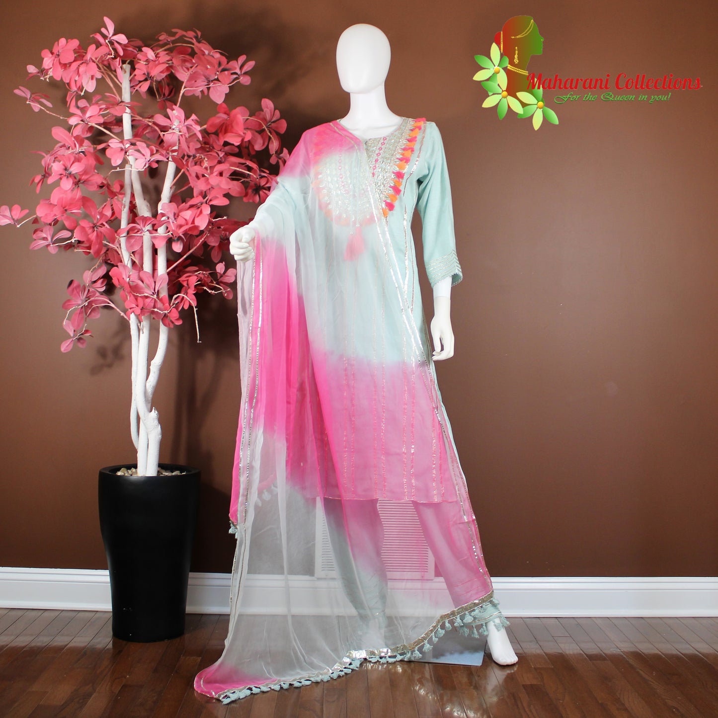 Maharani's Suit with Pants and Dupatta - Sea Green (M) - Pure Muslin Silk