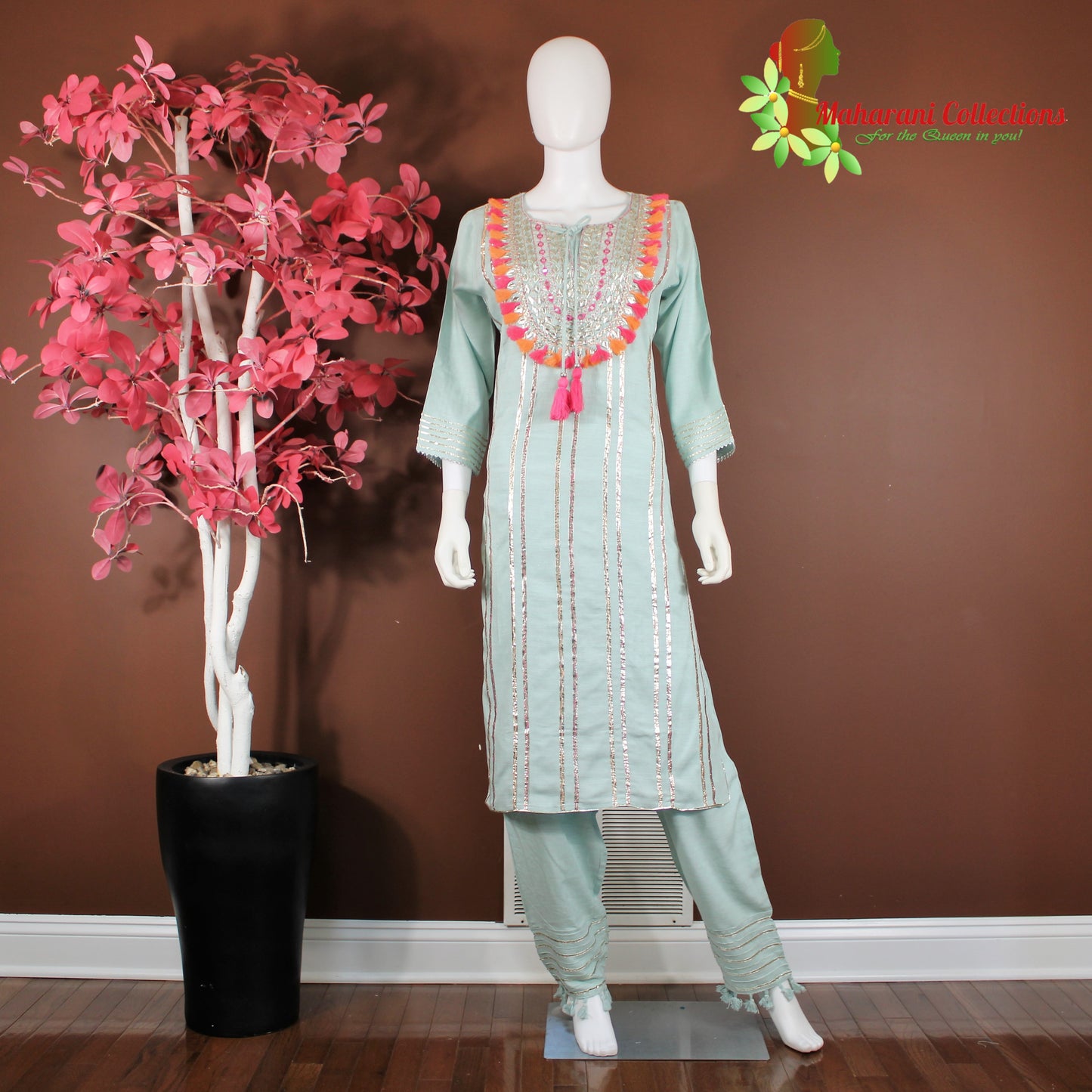 Maharani's Suit with Pants and Dupatta - Sea Green (M) - Pure Muslin Silk