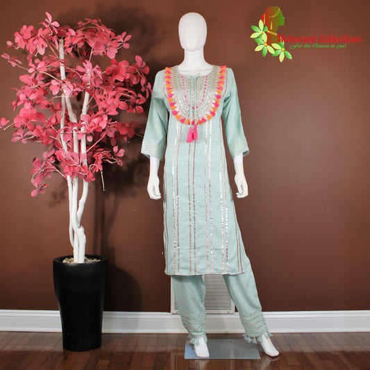 Maharani's Suit with Pants and Dupatta - Sea Green (M) - Pure Muslin Silk