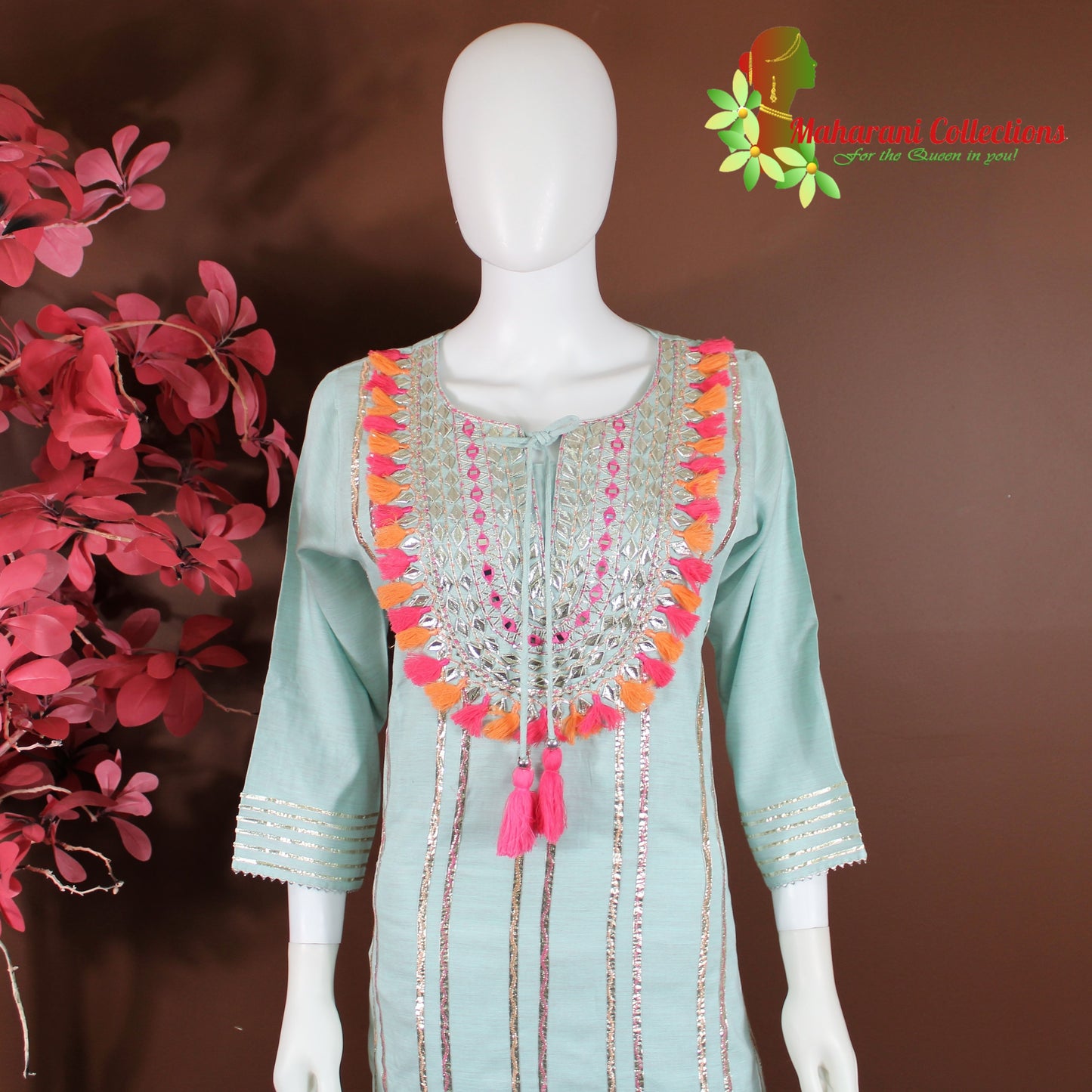 Maharani's Suit with Pants and Dupatta - Sea Green (M) - Pure Muslin Silk