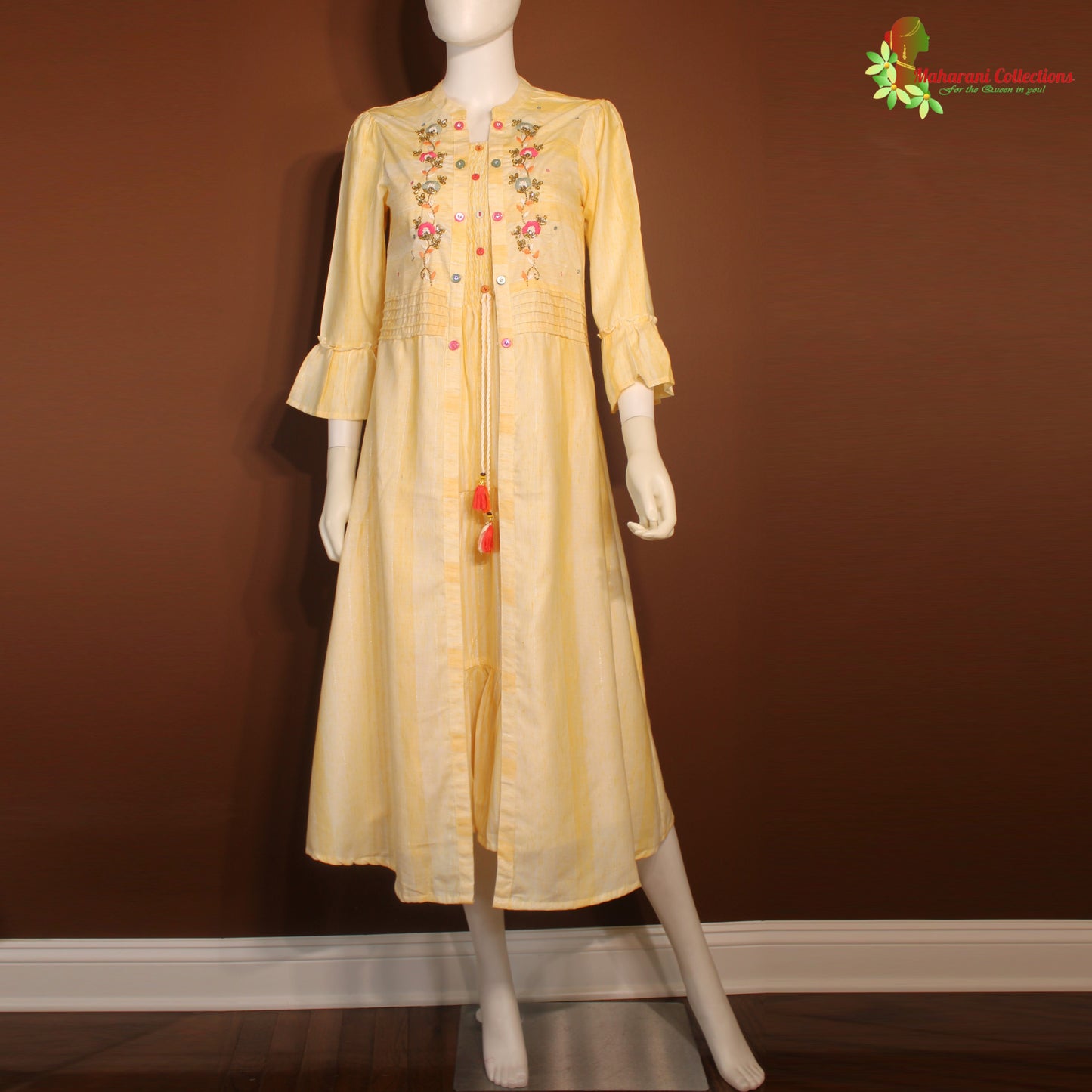 Maharani's Long Dress - Soft Cotton - Yellow & Cream (S)