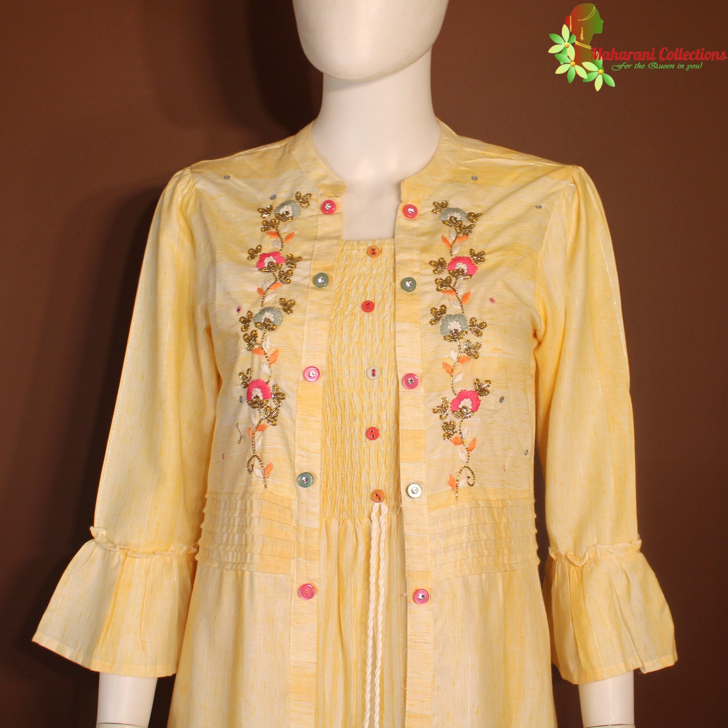 Maharani's Long Dress - Soft Cotton - Yellow & Cream (S)