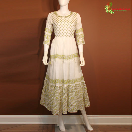 Maharani's Long Dress - pure cotton - White & Pista Green (L)