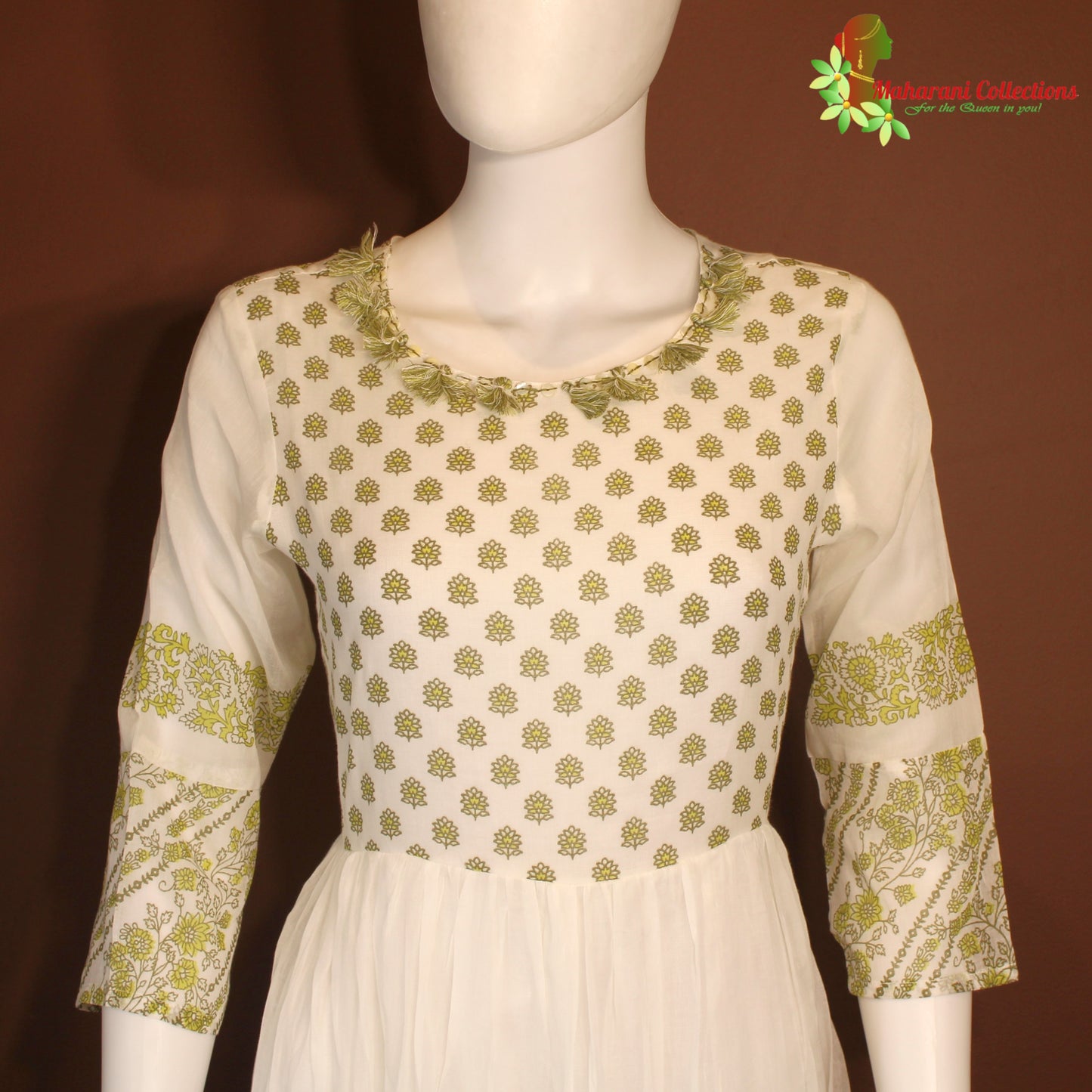 Maharani's Long Dress - pure cotton - White & Pista Green (L)