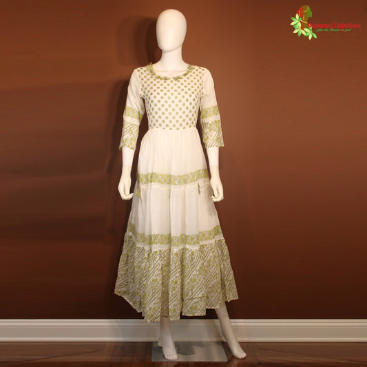 Maharani's Long Dress - pure cotton - White & Pista Green (S)