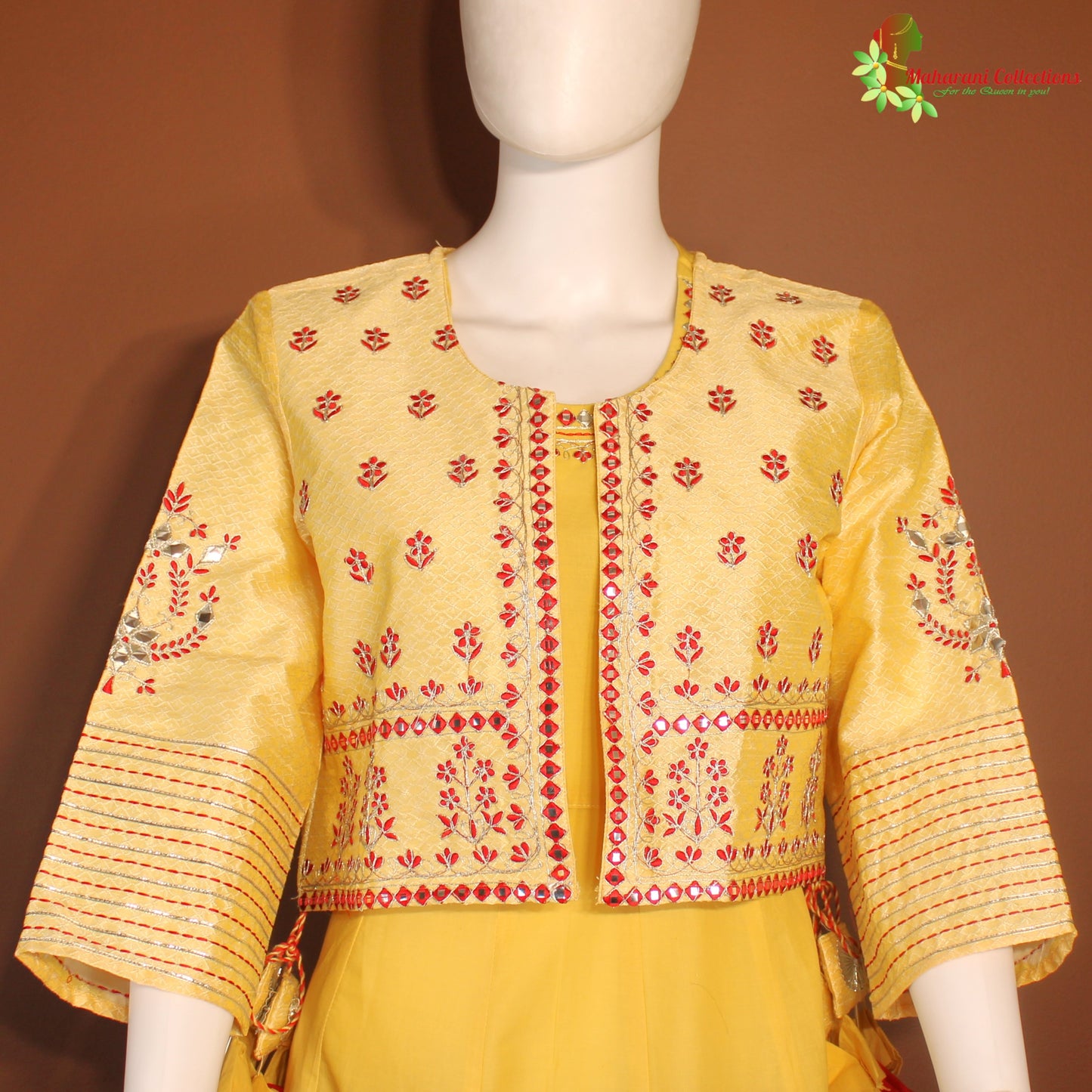 Maharani's Anarkali Suit - Soft cotton - Yellow & Red (L)