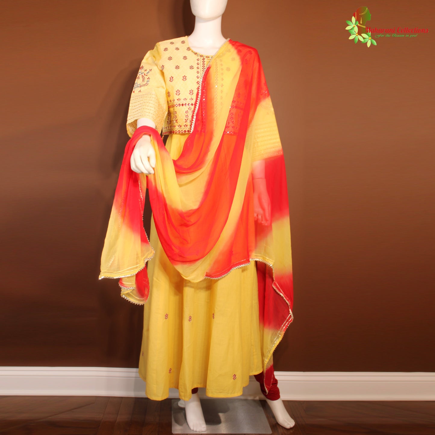 Maharani's Anarkali Suit - Soft cotton - Yellow & Red (S)