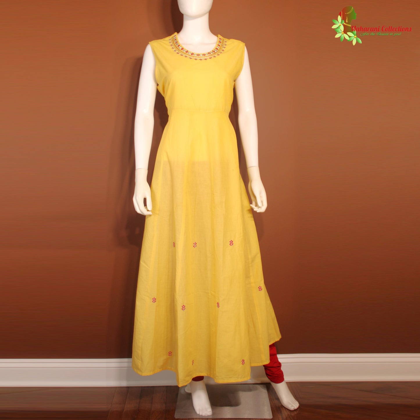 Maharani's Anarkali Suit - Soft cotton - Yellow & Red (S)