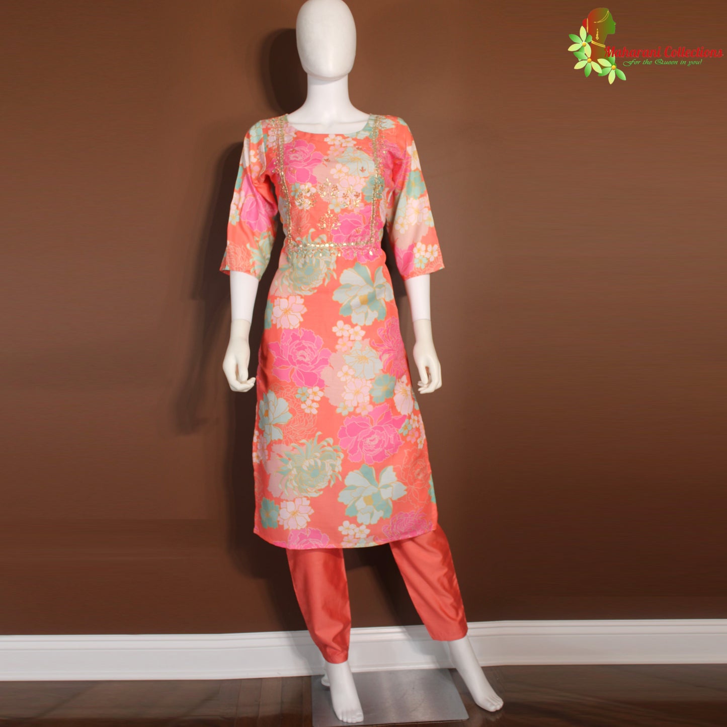 Maharani's Pant suit - Pure Silk - Orange (S, M, XL)