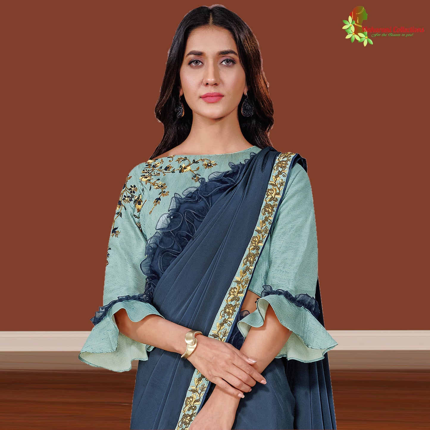 Maharani's Party Wear Stitched Designer Saree - Navy Blue (with stitched Blouse & Petticoat)