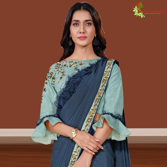 Maharani's Party Wear Stitched Designer Saree - Navy Blue (with stitched Blouse & Petticoat)