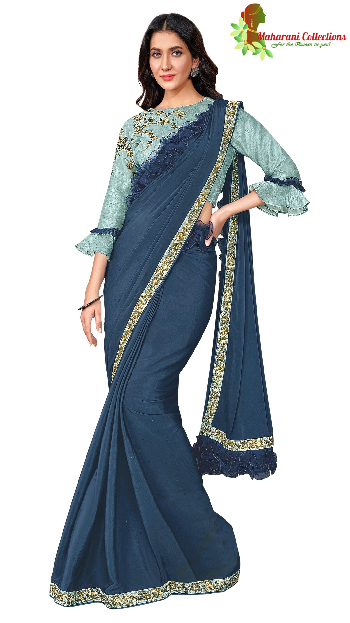 Maharani's Party Wear Stitched Designer Saree - Navy Blue (with stitched Blouse & Petticoat)