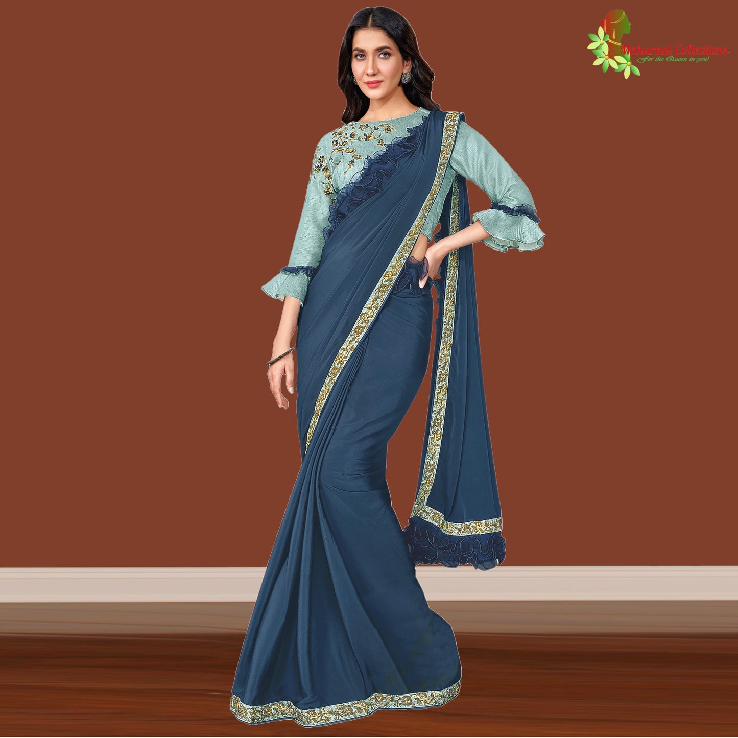 Maharani's Party Wear Stitched Designer Saree - Navy Blue (with stitched Blouse & Petticoat)