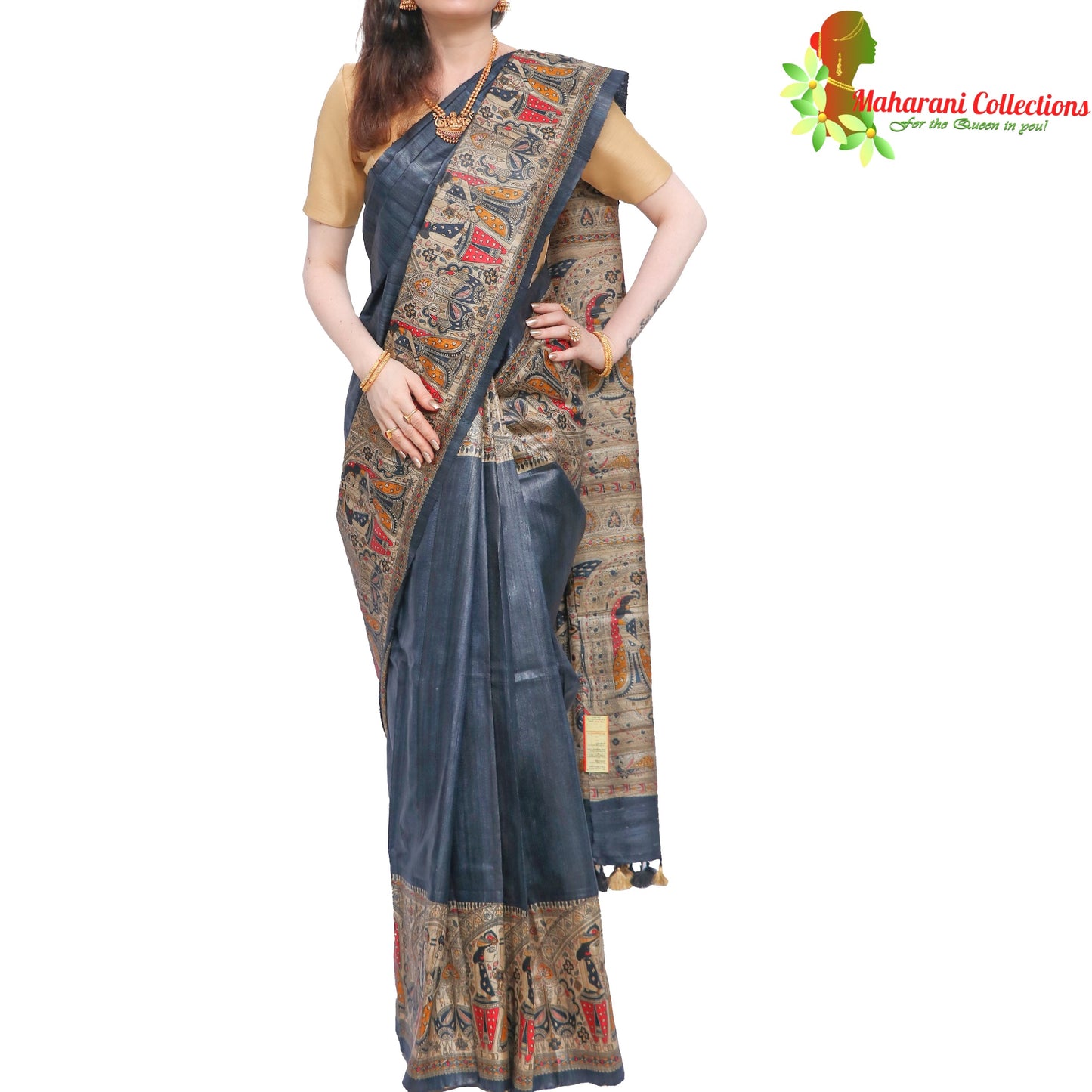 Pure Bhagalpur Tussar Silk Saree (Silk Mark) - Slate Blue with Madhubani Hand Painting