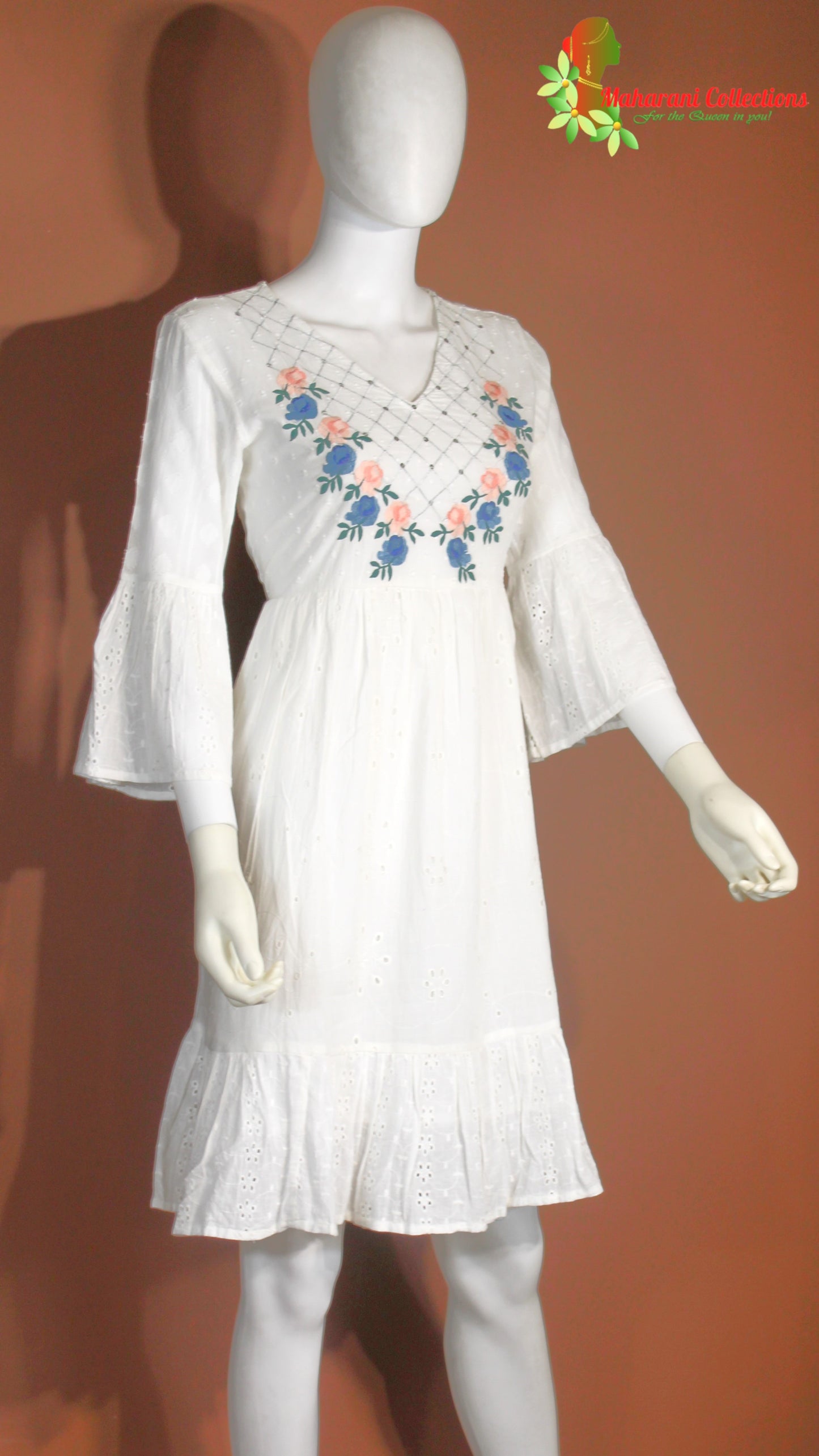 Maharani's Short Dress - Pure Cotton - White (XS, S, M)