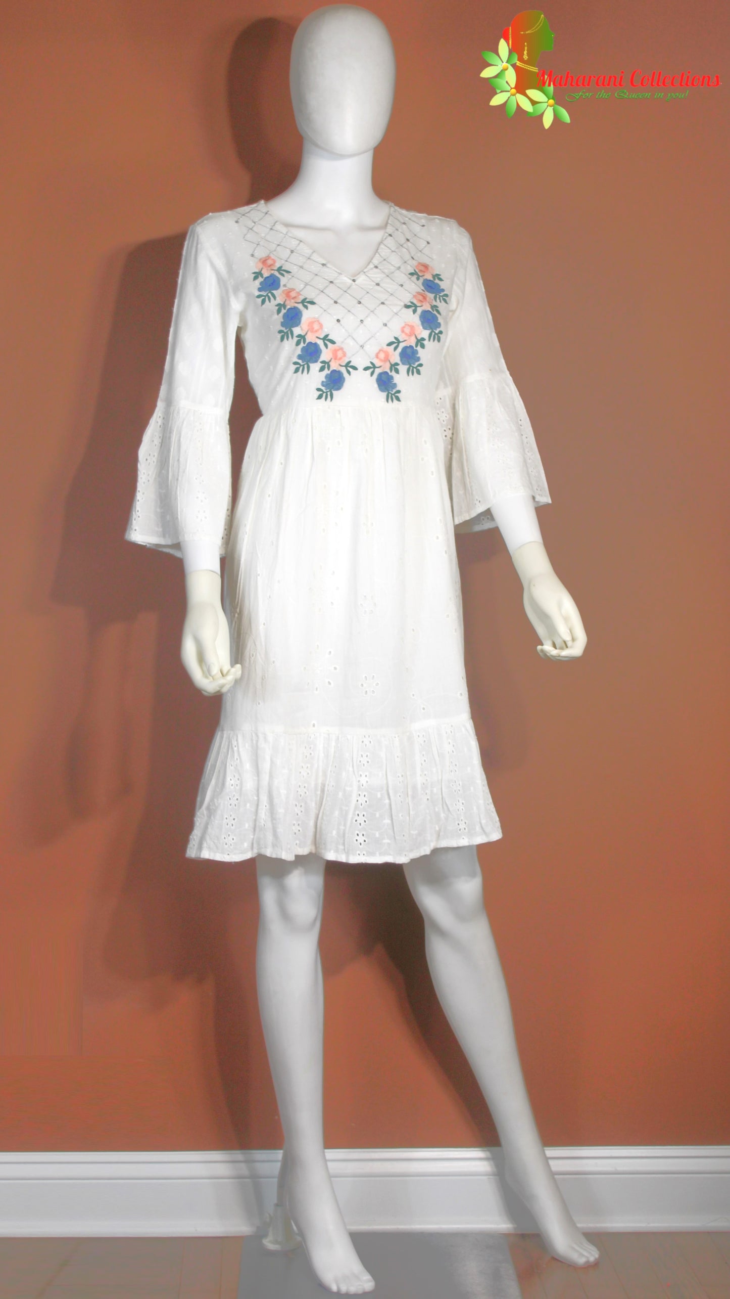 Maharani's Short Dress - Pure Cotton - White (XS, S, M)