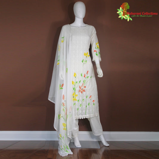 Maharani's Pant Suit - Cotton Silk Net - Elegant White (M, L, XL)