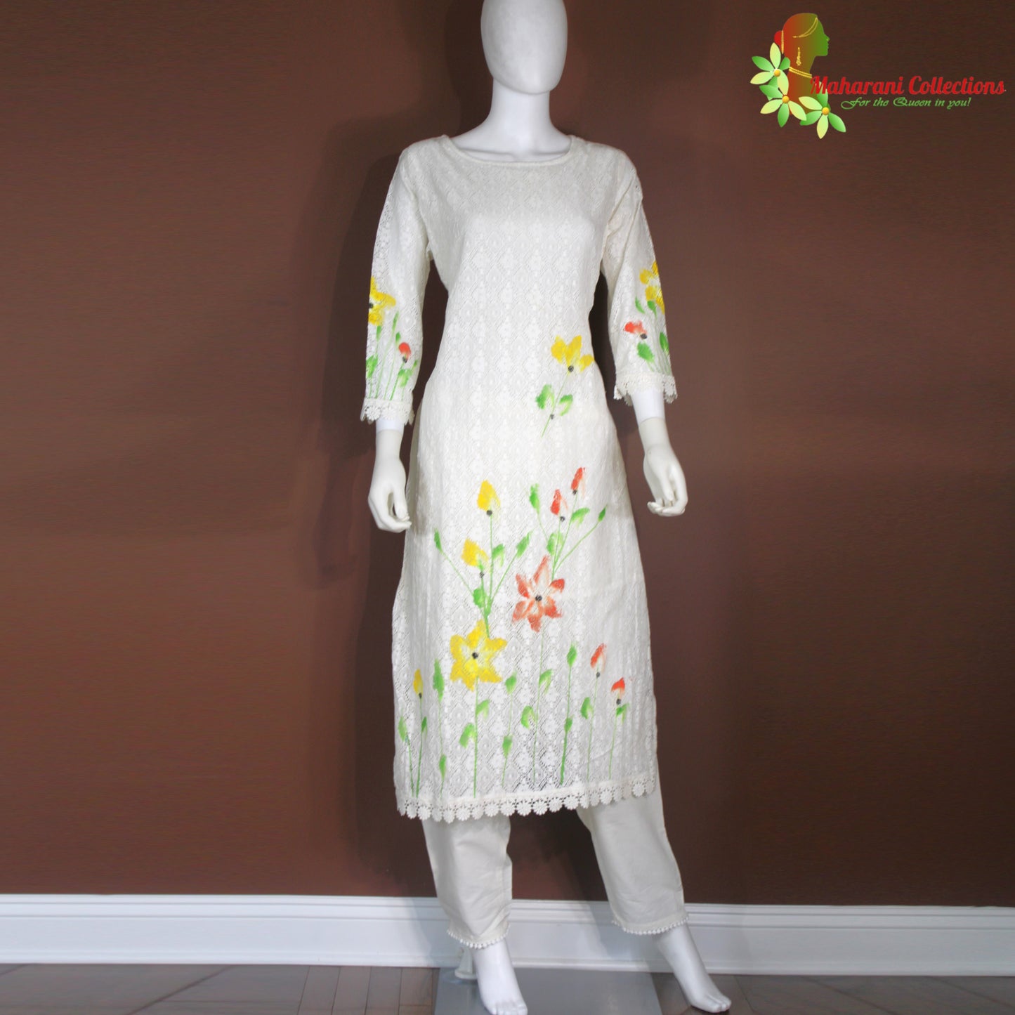 Maharani's Pant Suit - Cotton Silk Net - Elegant White (M, L, XL)