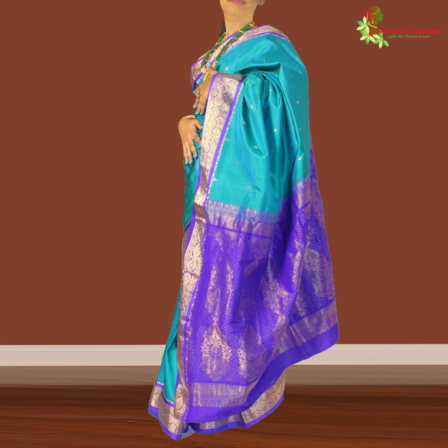 Maharani's Pure Banarasi Silk Saree - Greenish Blue (with stitched Petticoat)