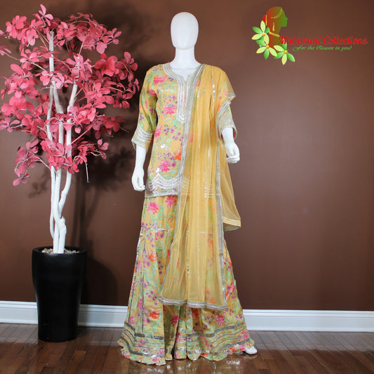 Maharani's Sharara Suit - Yellow Floral (XL) - Pure Muslin Silk
