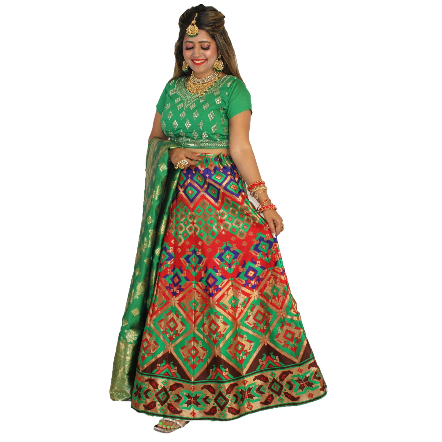 Maharani's Designer Pure Banarasi Silk Lehenga - Green and Red (M/L)