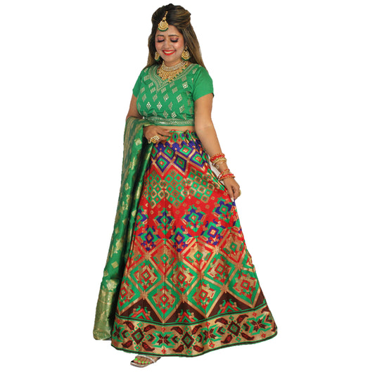 Maharani's Designer Pure Banarasi Silk Lehenga - Green and Red (M/L)