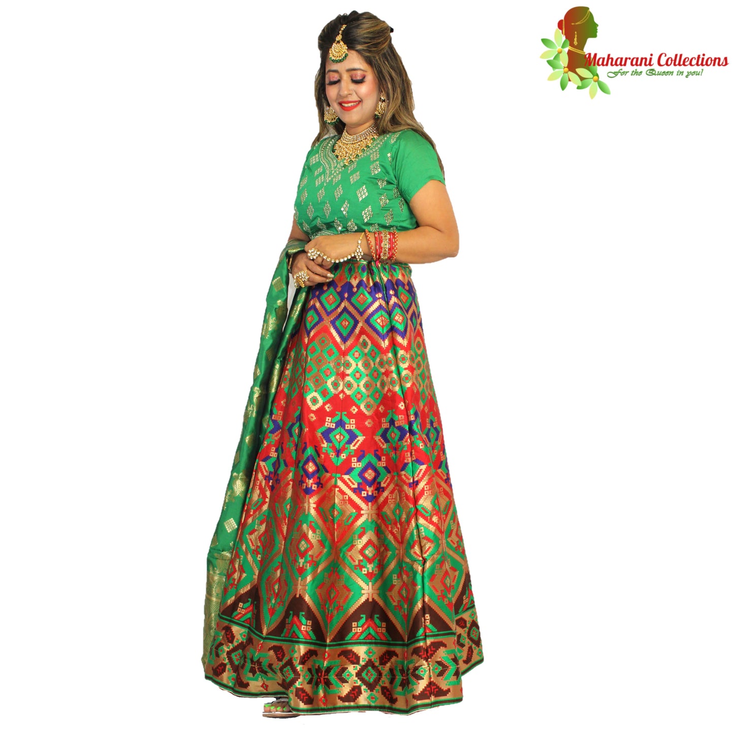Maharani's Designer Pure Banarasi Silk Lehenga - Green and Red (M/L)