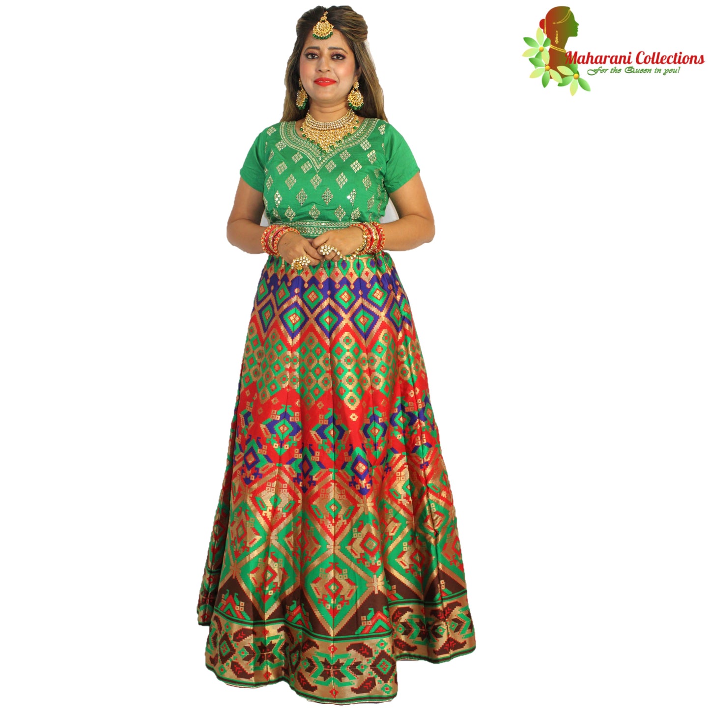 Maharani's Designer Pure Banarasi Silk Lehenga - Green and Red (M/L)