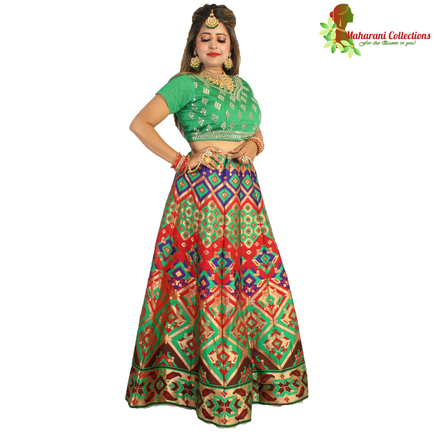 Maharani's Designer Pure Banarasi Silk Lehenga - Green and Red (M/L)