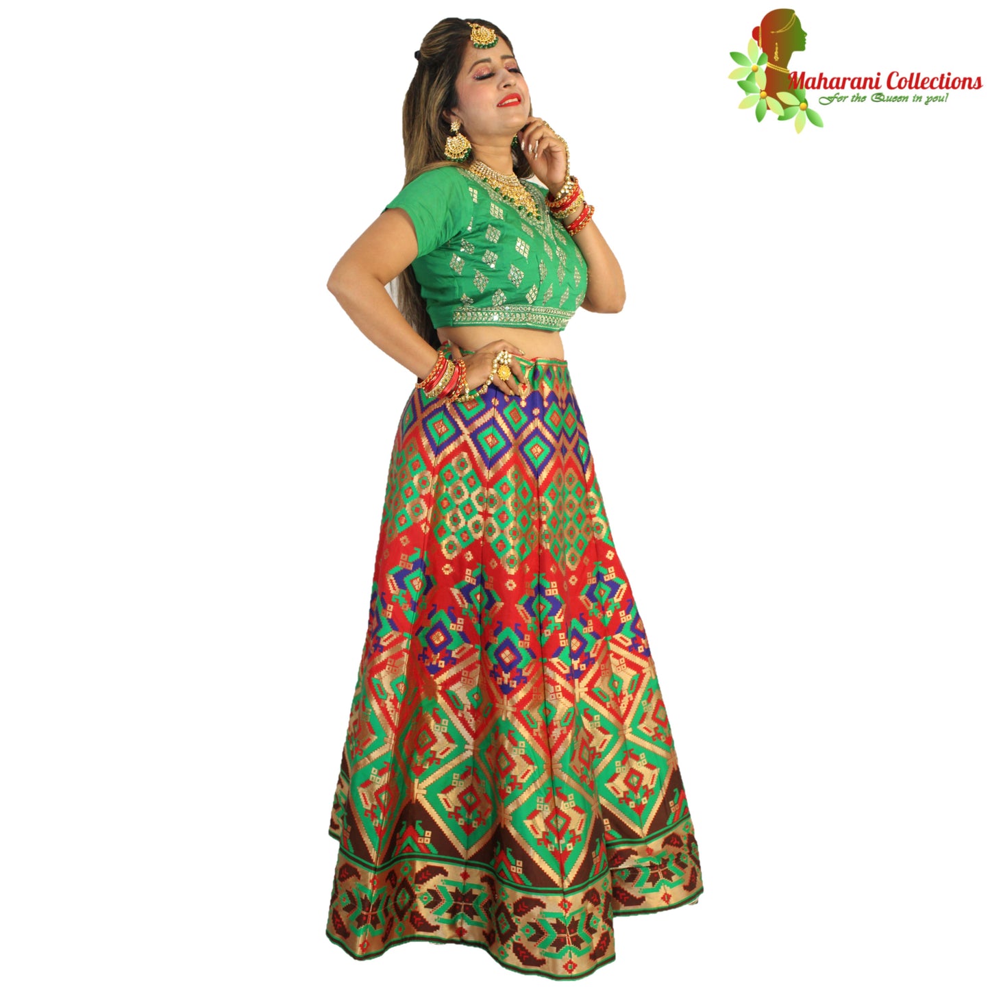 Maharani's Designer Pure Banarasi Silk Lehenga - Green and Red (M/L)