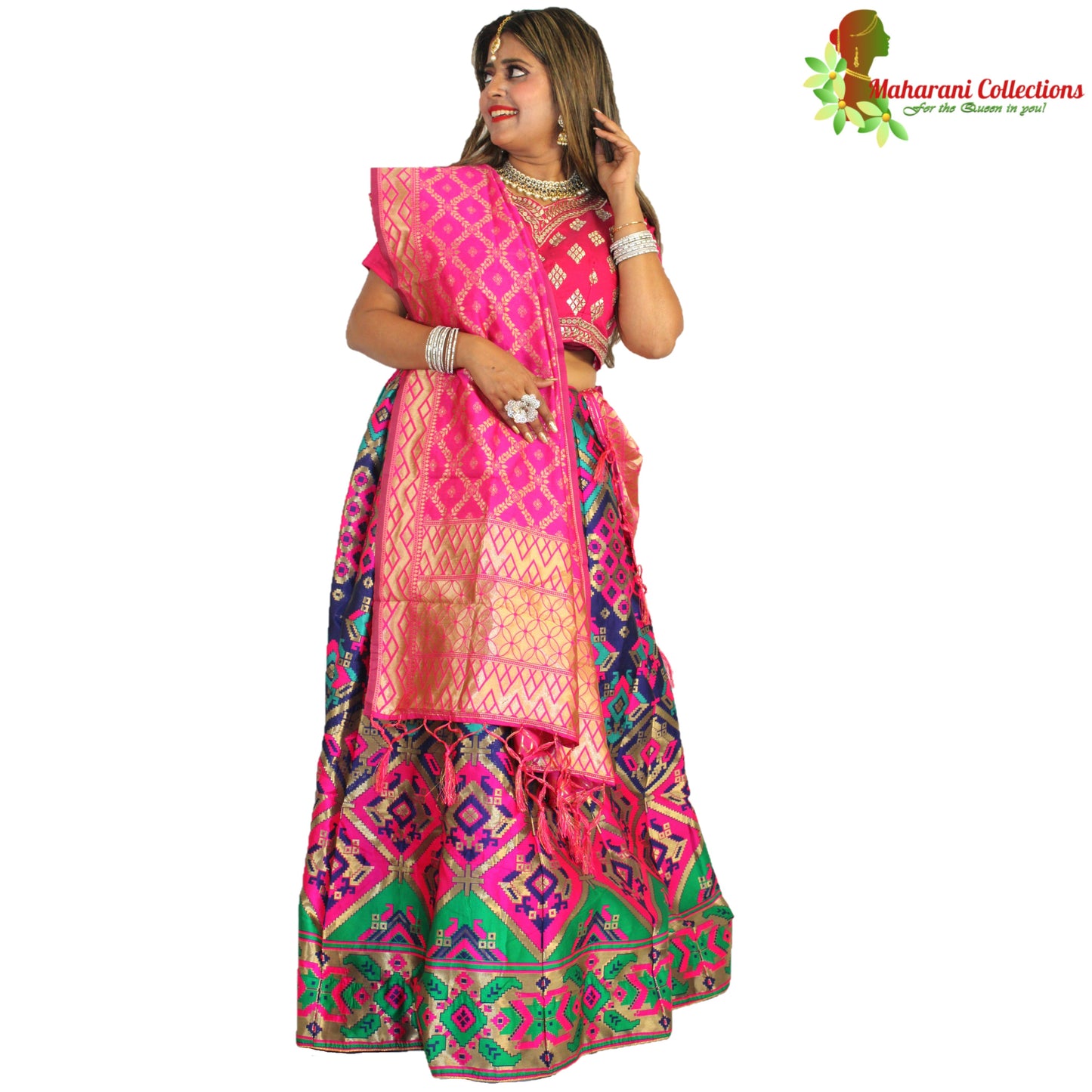 Maharani's Designer Pure Banarasi Silk Lehenga - Pink, Green and Blue (M/L)