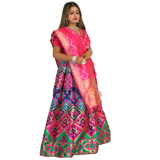 Maharani's Designer Pure Banarasi Silk Lehenga - Pink, Green and Blue (M/L)