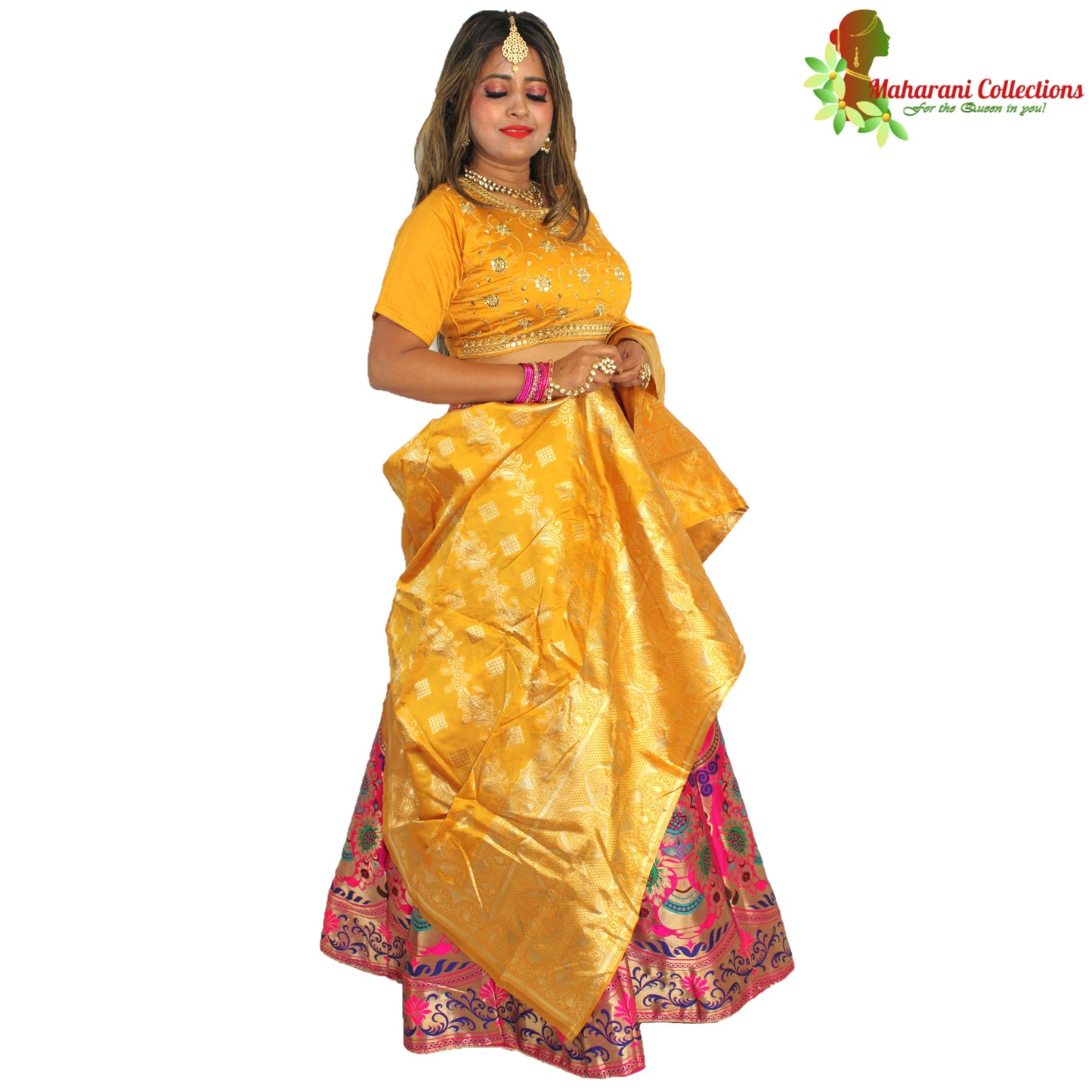 Maharani's Designer Pure Banarasi Silk Lehenga - Yellow and Pink (M/L)
