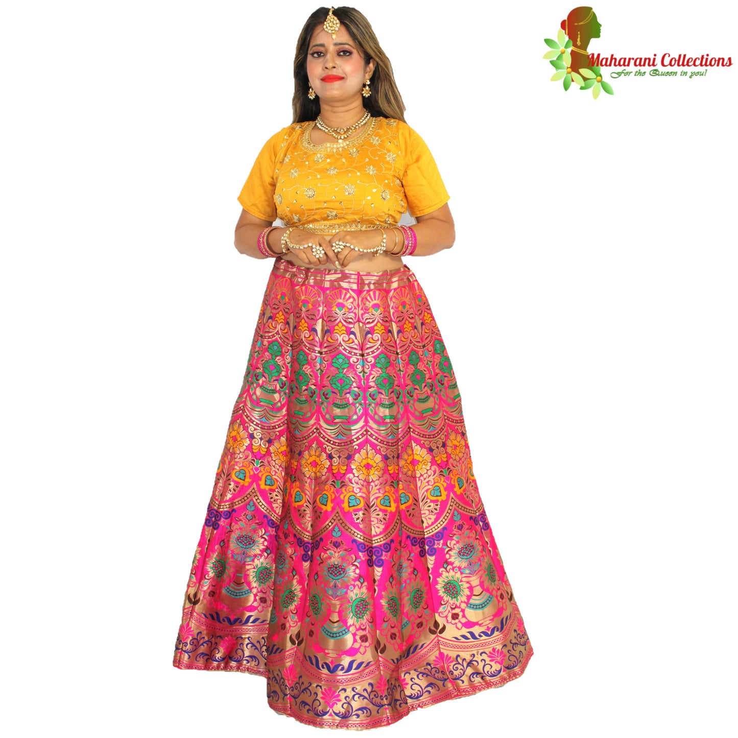 Maharani's Designer Pure Banarasi Silk Lehenga - Yellow and Pink (M/L)