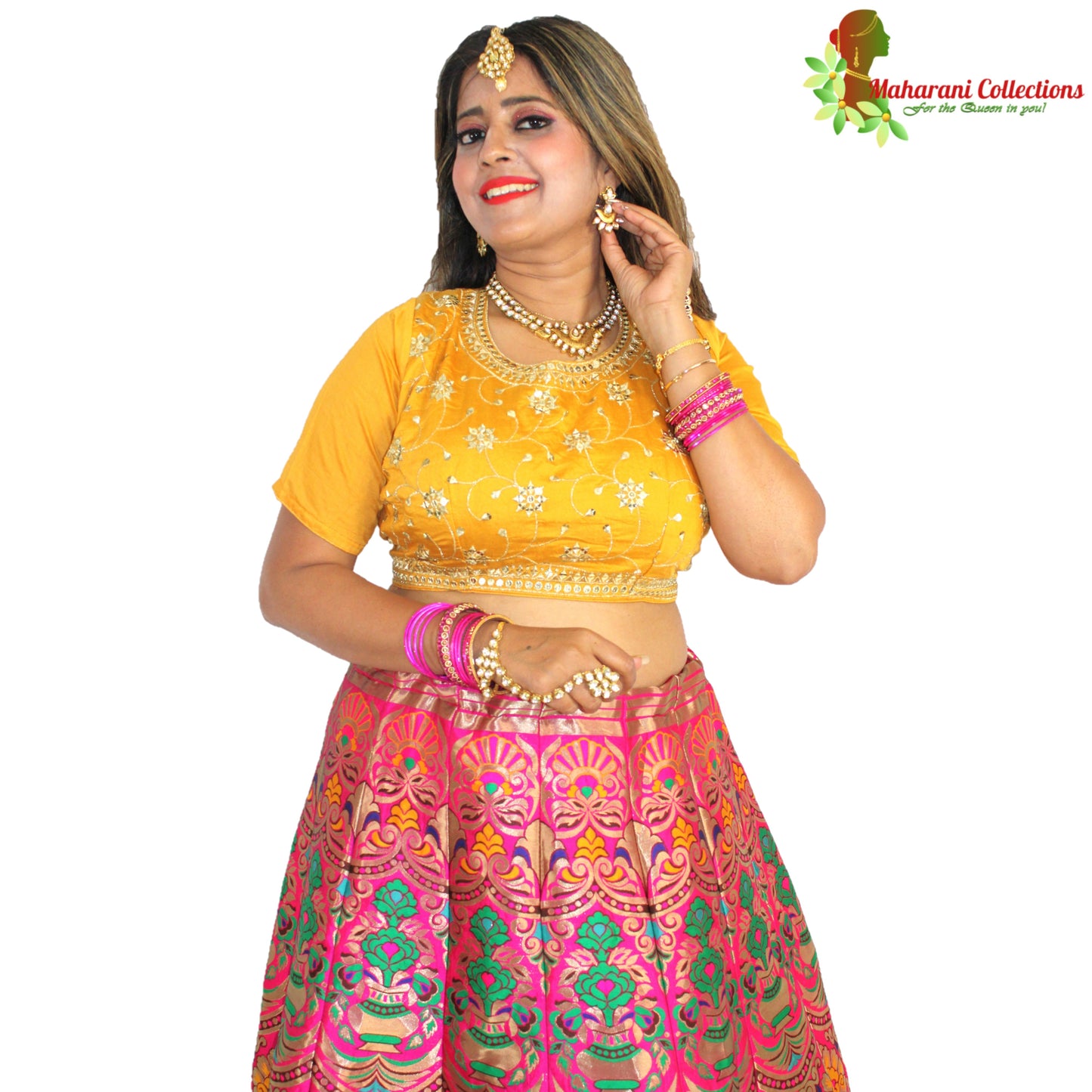 Maharani's Designer Pure Banarasi Silk Lehenga - Yellow and Pink (M/L)