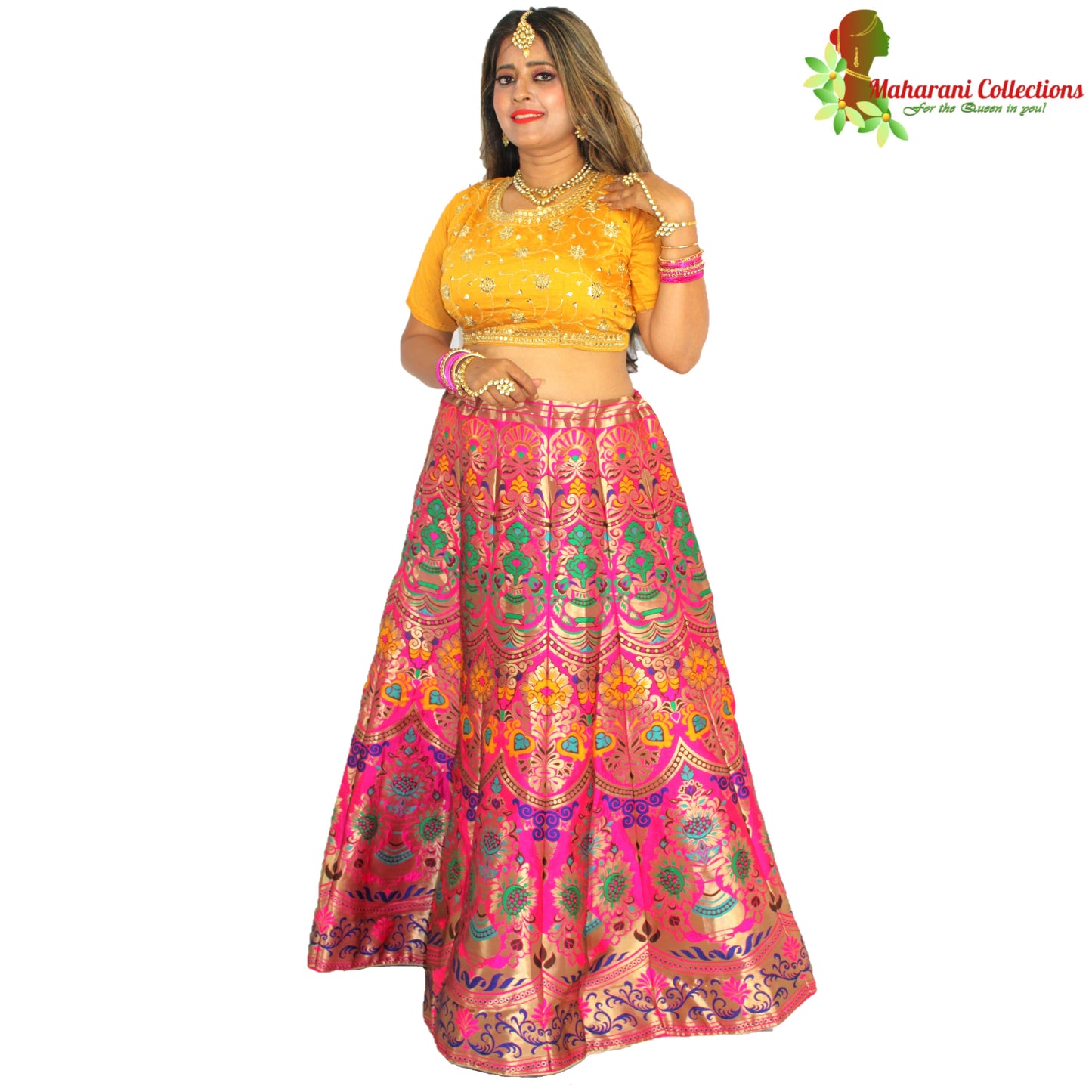 Maharani's Designer Pure Banarasi Silk Lehenga - Yellow and Pink (M/L)