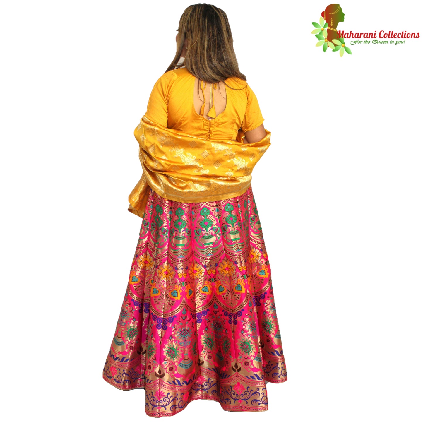 Maharani's Designer Pure Banarasi Silk Lehenga - Yellow and Pink (M/L)